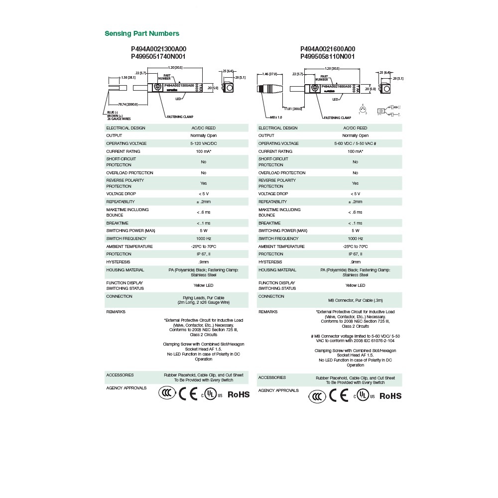 P4995058110N001 NUMATICS/AVENTICS CYLINDER SWITCH REED, 5-60VDC/5-50VAC, LED, M8 QUICK DISC. 3.8MT (CGT)